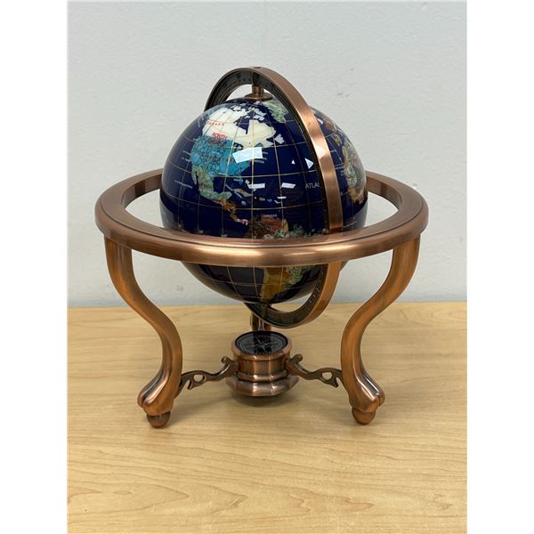 Inlaid Stone Globe w/compass in Copper Stand - Approx: 10"W 10"T