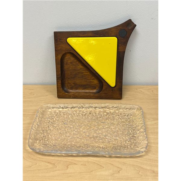 Mid Century Sere Wood & Heavy Textured Glass Snack Trays - glass 10.5x6.5"