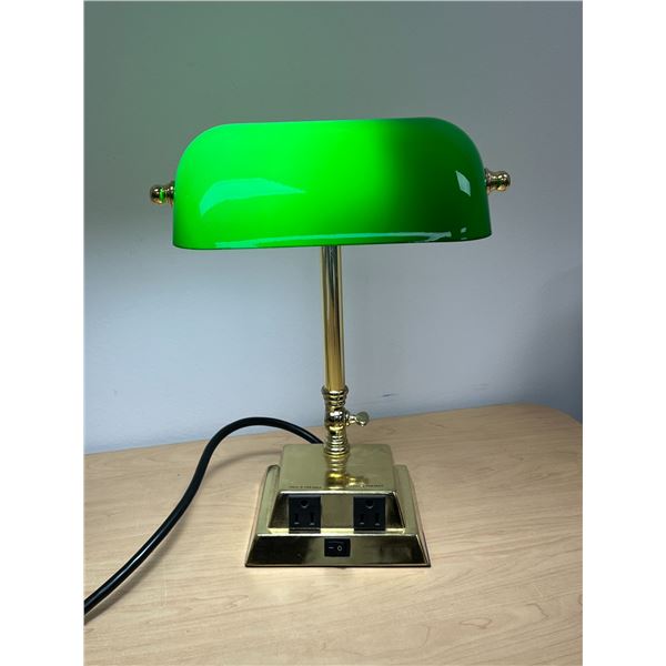 Adjustable Green Glass Shade Bankers Lamp with 2 Outlets - 10"W 14"T