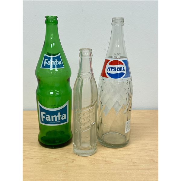 3 Vintage Glass Pop Bottles - 26 oz Fanta / pepsi and 7 Oz Portage La Prairie Bottle