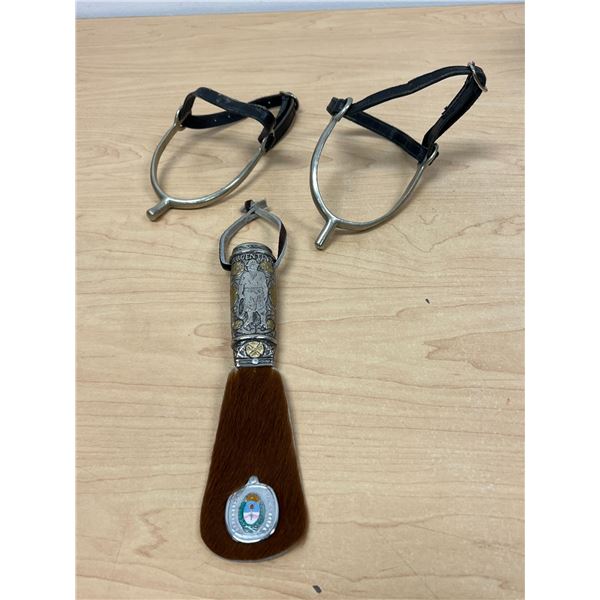 English Never Rust Riding Spurs & 8.5" Argentinian Embossed Handle Rebenque