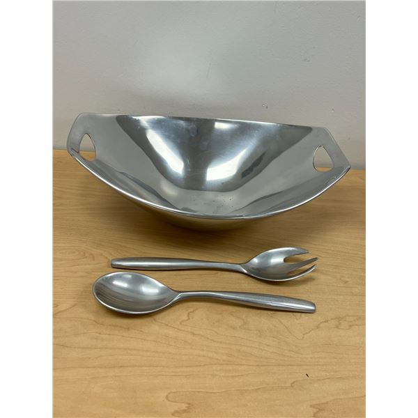 Large Dansk JHQ Metal Salad Bowl and Serving Spoon/Fork - bowl: 16x11"