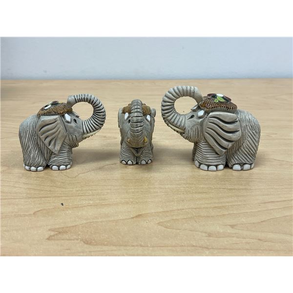3 Small Handpainted Clay Elephant Figures - largest 4"W