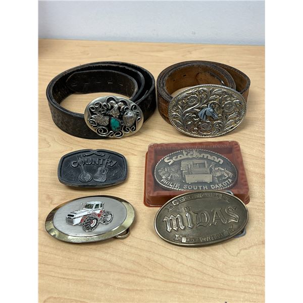 6 Belt Buckles and 2 Leather Belts - see all photos