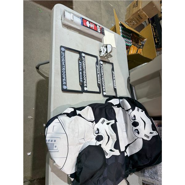 Seat covers license plate covers hitch, cover, and window, deck, and baby on board item