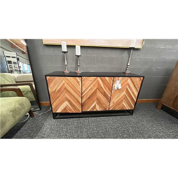 GROUP OF CORCORAN INC BLACK AND NATURAL ACACIA SIDEBOARD. 60" X 18". INC 3 CANDELABRAS
