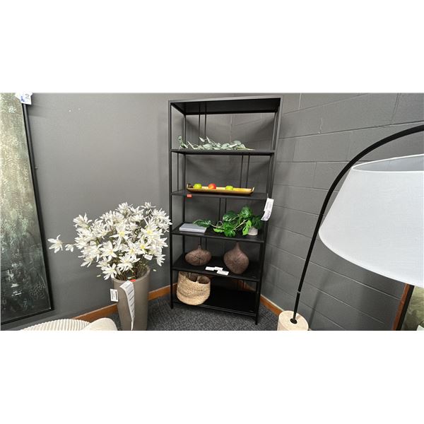 GROUP OF DECOR ITEMS. 33"X14"X6" BOOKSHELF WITH GLASS SHELVES, ARTIFICIAL PLANTS, VASES, CERAMIC,...