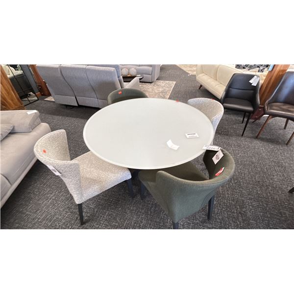 BERMEX 48" TINTED GLASS ROUND TABLE WITH 4 CHAIRS. 2 GREY PLAID, 2 GREEN. UPHOLSTERED. RETAIL $7000