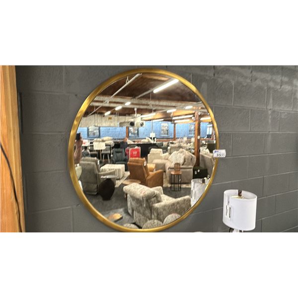42"D MIRROR. BRUSHED BRASS FRAME, ANTIQUED MIRROR