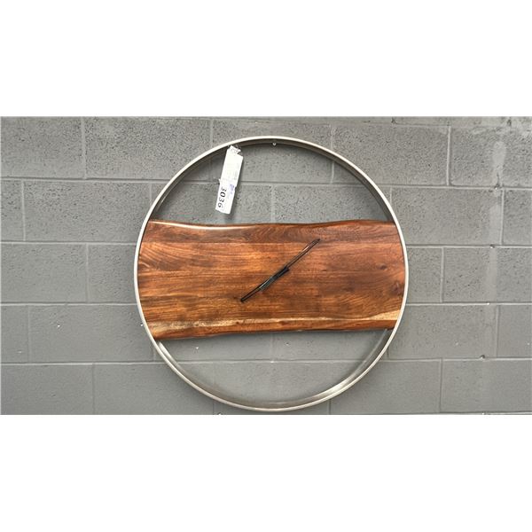 ASHLEY FURNITURE WALL CLOCK. 35"D. HARDWOOD AND STAINLESS