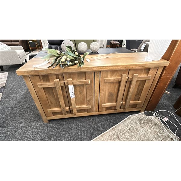 ASHLEY FURNITURE. DRESOR ACCENT CABINET. 67" X 18" W/WHITE VASE AND FLFOWERS & DECOR ITEMS IN PHOTO