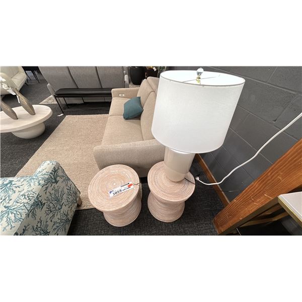 PAIR OF SURYA BALINESE END TABLES, WASHED RATTAN. W/CYLENER CERAMIC TABLE LAMP.