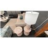 Image 1 : PAIR OF SURYA BALINESE END TABLES, WASHED RATTAN. W/CYLENER CERAMIC TABLE LAMP.