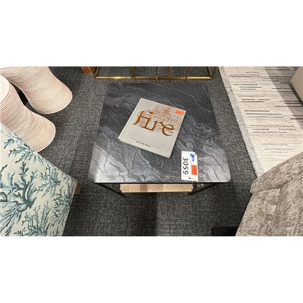 MINRICH GRANITE TOPPED CORNER TABLE. 20" X 20".