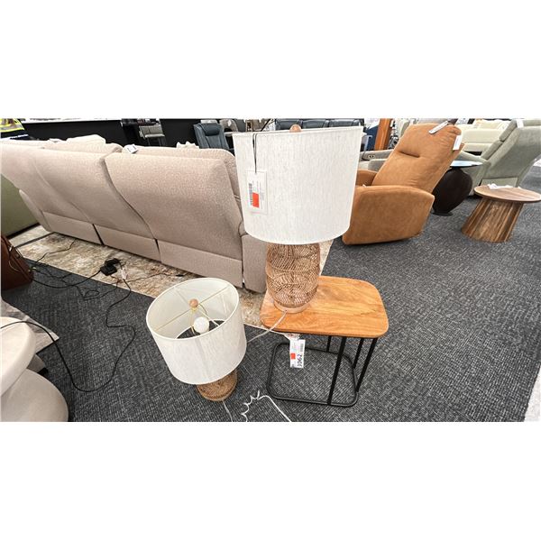 2 SURYA KADUNA END TABLE. MANGO WOOD W/RATTAN TABLE LAMP.