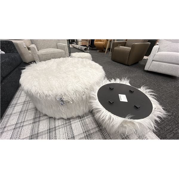 ASHLEY FURNITURE DALICE OVERSIZED OTTOMAN WITH 2 FOOT STOOLS. SHAGGY WHITE