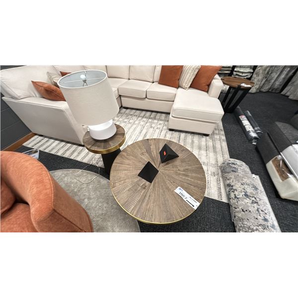 GROUP LOT OF DECORREST COFFEE TABLE AND SIDE TABLE, CERAMIC TABLE LAMP & PYRAMID ACCENT PIECES.