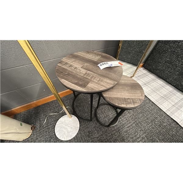 PAIR OF ROUND NESTING TABLES W/FLOOR LAMB, BRASS AND MARBLE