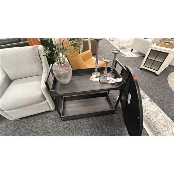 GROUP LOT 35" SERVING CART. CERAMIC VASE W/ORNAMENTAL FLOWERS, 3 CANDLE HOLDERS, 36" DIAMETER MIRROR