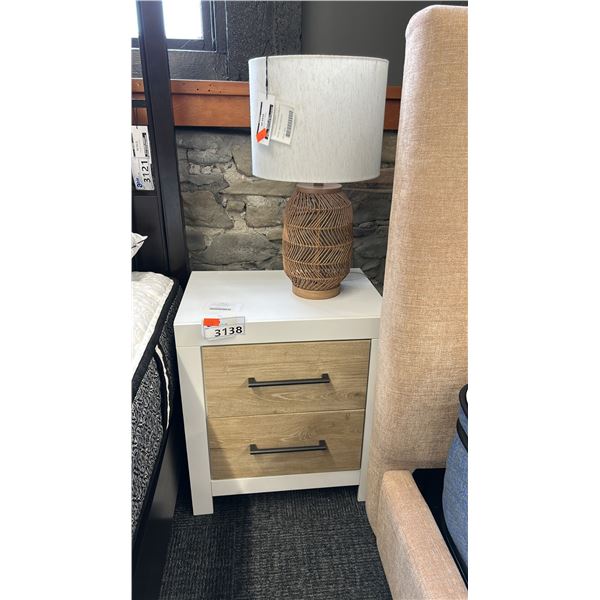 PAIR OF ASHLEY FURNITURE SIDE TABLES WITH 2 DRAWERS W/ RATTAN LAMP