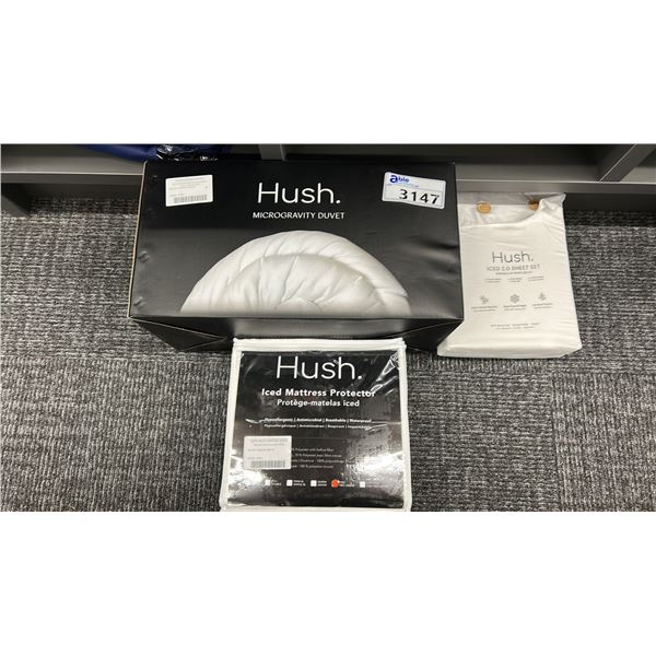 GROUP LOT HUSH KING SIZE MICROGRAVITY DUVET, HUSH ICE MATTRESS PROTECTOR, HUSH ICE 2.0 SHEET SET.