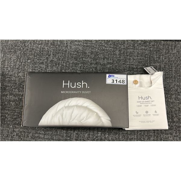 GROUP LOT HUSH KING SIZE MICROGRAVITY DUVET & HUSH ICE 2.0 WHITE SHEET SET. RETAIL $650