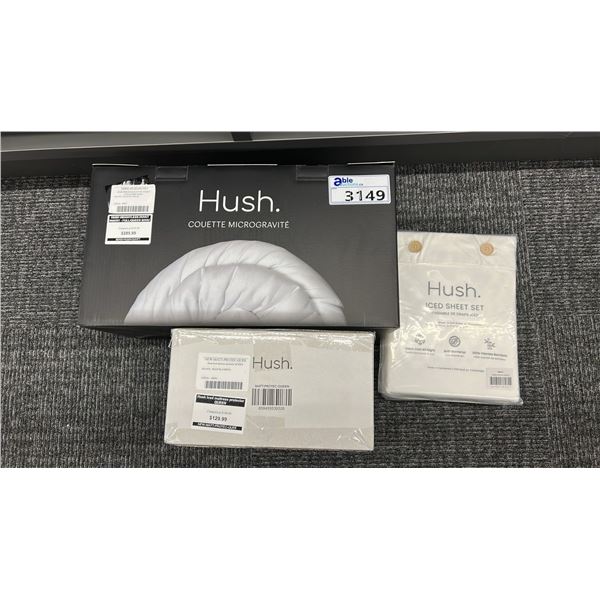 HUSH QUEEN SIZE  MICROGRAVITY DUVET & HUSH WHITE SHEET SET & HUSH MATTRESS PROTECTOR. RETAIL $750
