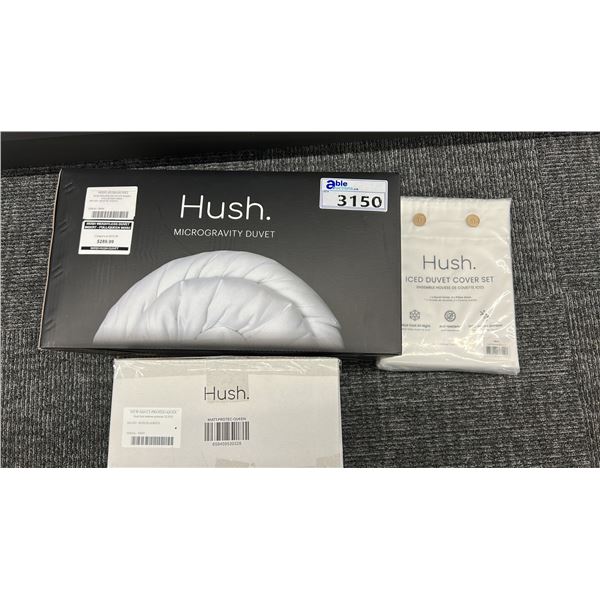 HUSH QUEEN SIZE  MICROGRAVITY DUVET & HUSH WHITE SHEET SET & HUSH MATTRESS PROTECTOR. RETAIL $750