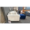 Image 2 : DECORREST WHITE PLUSH SOFA. 8'7" LONG. BLUE OTTOMAN. W/CUSHIONS AS IN PHOTO. RETAIL $3,700