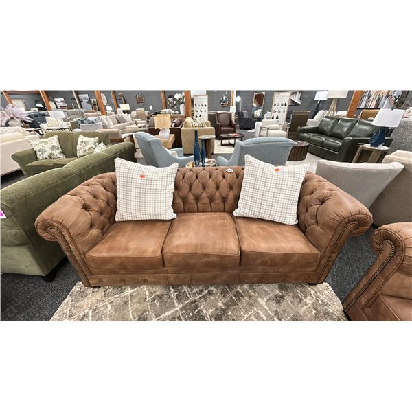 DECORREST SOFA SET. 87" SOFA. 57" LOVESEAT. SEASONED LEATHER. W/CUSHIONS AS IN PHOTO. RETAIL $9,000.