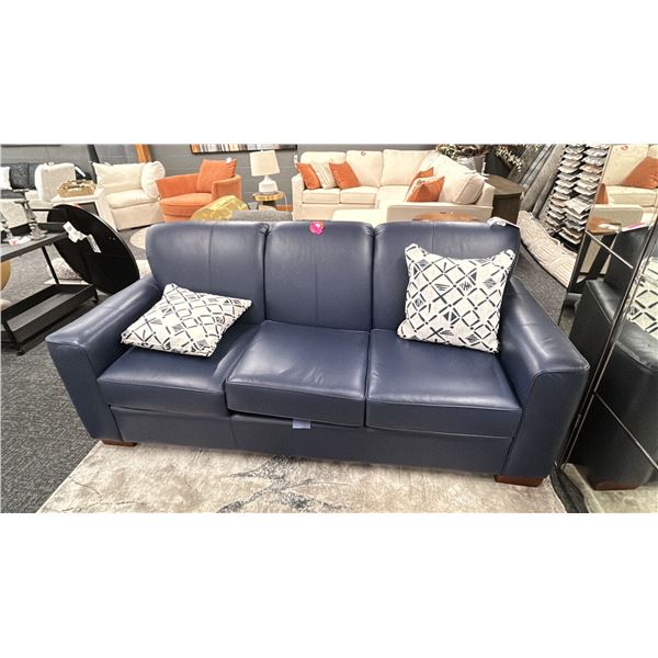 DECORREST LEATHER SOFA 82". NAVY BLUE RETAIL $3,300.