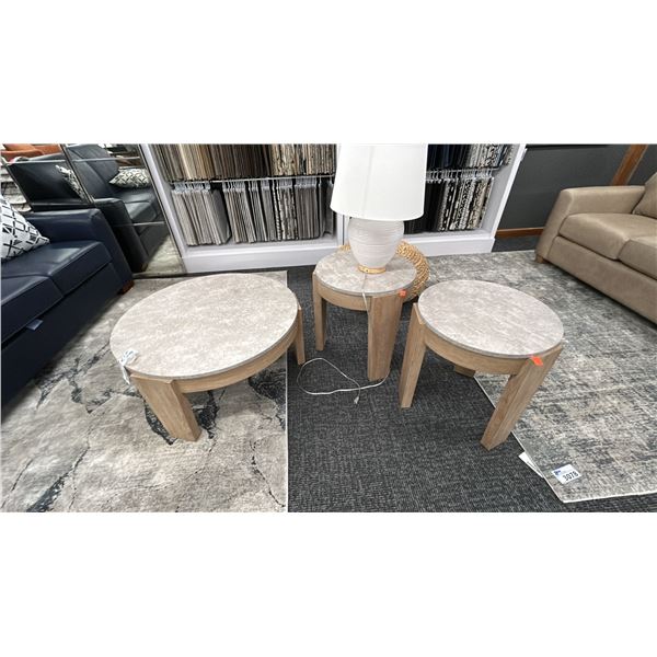 ASHLEY FURNITURE COFFEE TABLE AND SIDE TABLES W/TABLE LAMP. RETAIL $1,500.