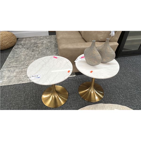 DECORREST PAIR OF MARBLE TOP TABLES W/BRASS BASE AND DECOR VASES AS IN PHOTO