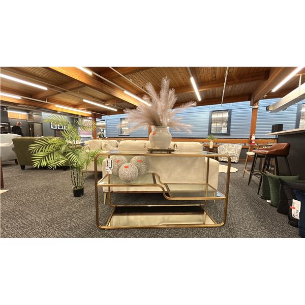 SUNPAN FURNITURE SILVIA CONSOLE TABLE. 52" WIDE. BRASS AND GLASS. W/ ROUND SCUPLTURES, BRASS