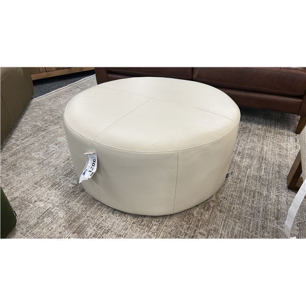 PALLISER 36" ROUND COFFEE TABLE/SEAT. CREAM LEATHER. W/ PALLISER 22" SQUARE OTTOMAN.