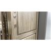 Image 2 : DECORREST CHLOE WASHED OAK GREY CABINET. GLASS DOORS. 40" WIDE X 7' TALL. W/ ROUND SCULPTURES.