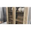 Image 3 : DECORREST CHLOE WASHED OAK GREY CABINET. GLASS DOORS. 40" WIDE X 7' TALL. W/ ROUND SCULPTURES.