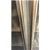 Image 5 : DECORREST CHLOE WASHED OAK GREY CABINET. GLASS DOORS. 40" WIDE X 7' TALL. W/ ROUND SCULPTURES.