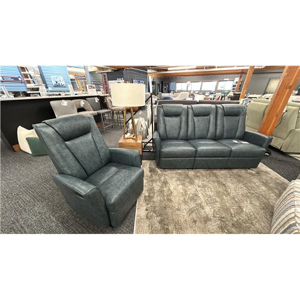 ELRAN FURNITURE SOFA SET. BLUE LEATHER. 75" WIDE SOFA W/ 2 POWER RECLINERS