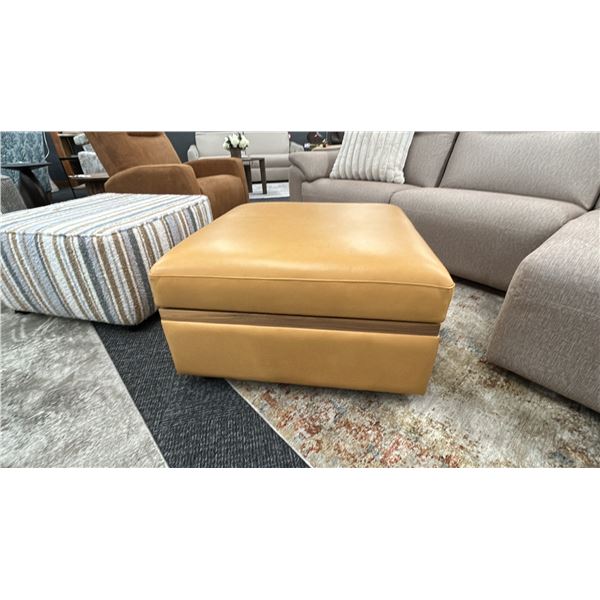 PALLISER SWIVEL TOP OTTOMAN. 31" SQUARE. TAN LEATHER.