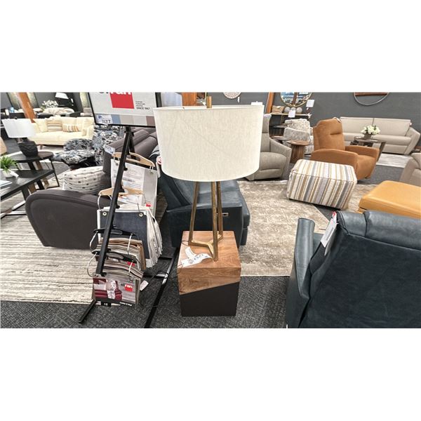 ASHLEY FURNITURE CUBE SIDE TABLE. W/ AGED BRASS FRAME TABLE LAMP.