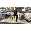 Image 1 : DECORREST COFFEE TABLE SET. BLACK STAINED WOOD. BLACK & BRASS BASES. W/ TABLE LAMP AND DECOR ITEMS.