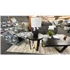 Image 2 : DECORREST COFFEE TABLE SET. BLACK STAINED WOOD. BLACK & BRASS BASES. W/ TABLE LAMP AND DECOR ITEMS.
