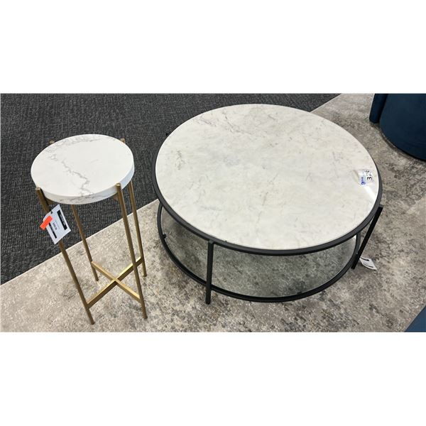 ALECSA MARBLE TOP COFFEE TABLE W/ MARBLE TOP SMALL SIDE TABLE.