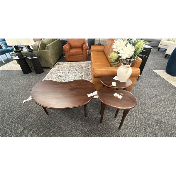 SURYA COFFEE TABLE SET. MANGO WOOD. 45" WIDE COFFEE TABLE & MATCHING SIDE TABLES. W/ CERAMIC POT