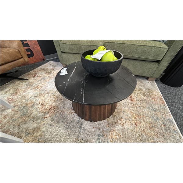GRANITE TOP COFFEE TABLE 26" ROUND. 15" HIGH. W/ CERAMIC BOWL W/ ARTIFICIAL APPLES.