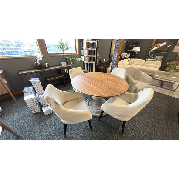 BERMEX 48" DIAMETER HARDWOOD TABLE PEDESTAL BASE. W/ ADELAIDE DINING CHAIRS. RETAIL $11,900.