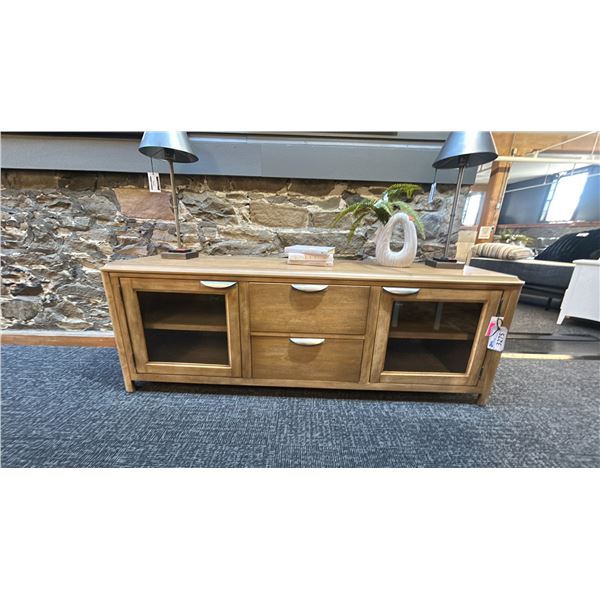 ASHLEY FURNITURE RENCOTT TV CONSOLE. 80" WIDE. W/ DECOR ITEM & 2 TABLE LAMPS. RETAIL $2,200.