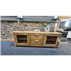 Image 1 : ASHLEY FURNITURE RENCOTT TV CONSOLE. 80" WIDE. W/ DECOR ITEM & 2 TABLE LAMPS. RETAIL $2,200.