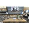 Image 5 : ASHLEY FURNITURE RENCOTT TV CONSOLE. 80" WIDE. W/ DECOR ITEM & 2 TABLE LAMPS. RETAIL $2,200.